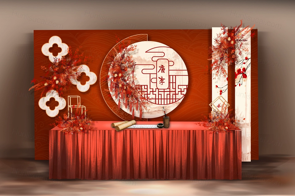红色香槟色喜庆中国风新中式婚礼设计婚庆效果图背景布置素材-婚礼素材网
