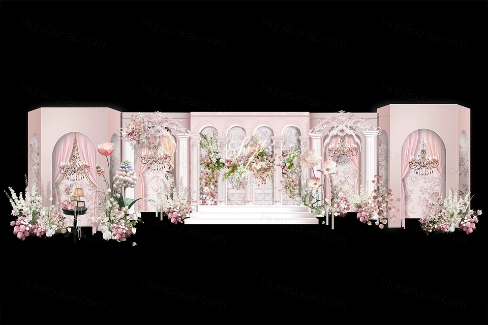 粉色欧式简约风格水彩浪漫温馨婚礼设计效果图舞台展示区素材-婚礼素材网