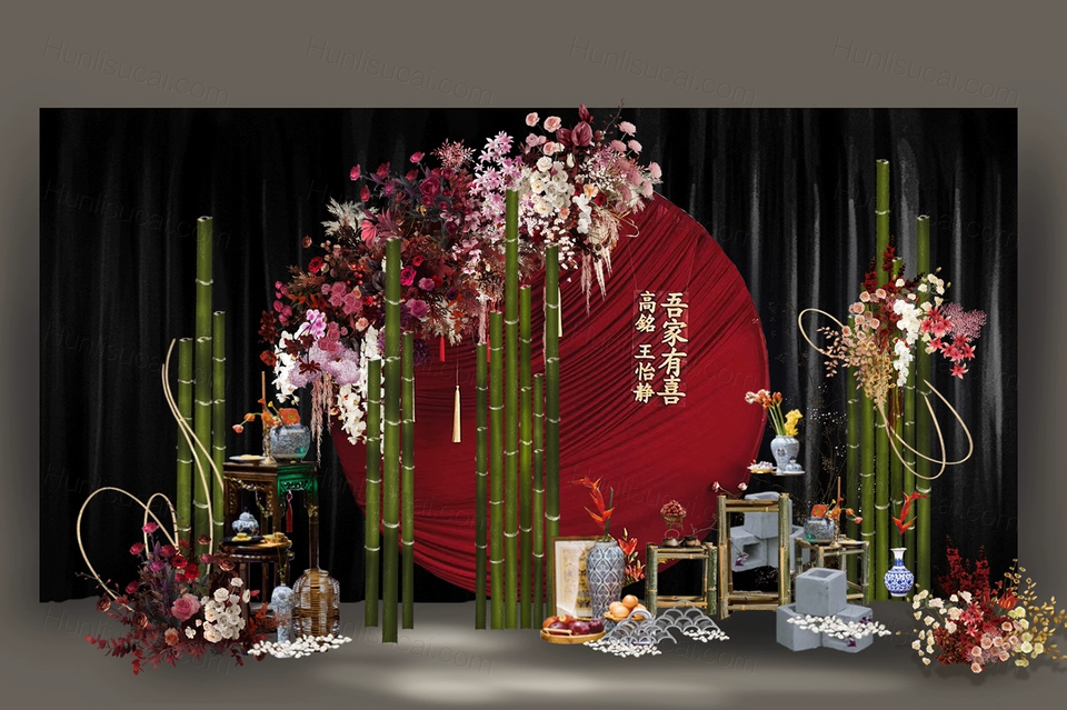 婚庆红色绿色新中式婚礼小景布置图布幔褶皱竹子素材psd效果图-婚礼素材网
