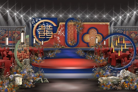 橘色蓝色朱砂红新中式古典喜庆婚礼设计效果图背景素材psd-婚礼素材网