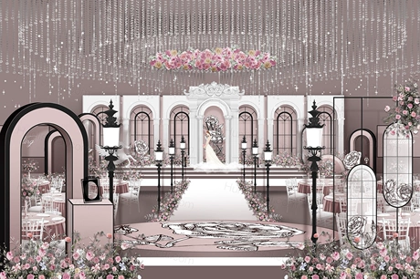 粉色黑色花朵高端法式小香风婚礼设计效果图背景方案素材psd-婚礼素材网