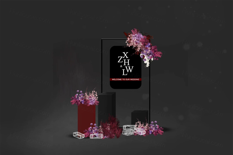 韩式简约小众玫红色黑色婚礼水晶效果图PSD婚礼源文件素材-婚礼素材网