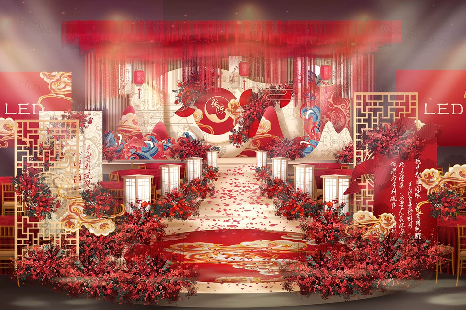 红色香槟色喜庆新中式婚礼设计婚庆舞台展示区背景方案素材效果图-婚礼素材网
