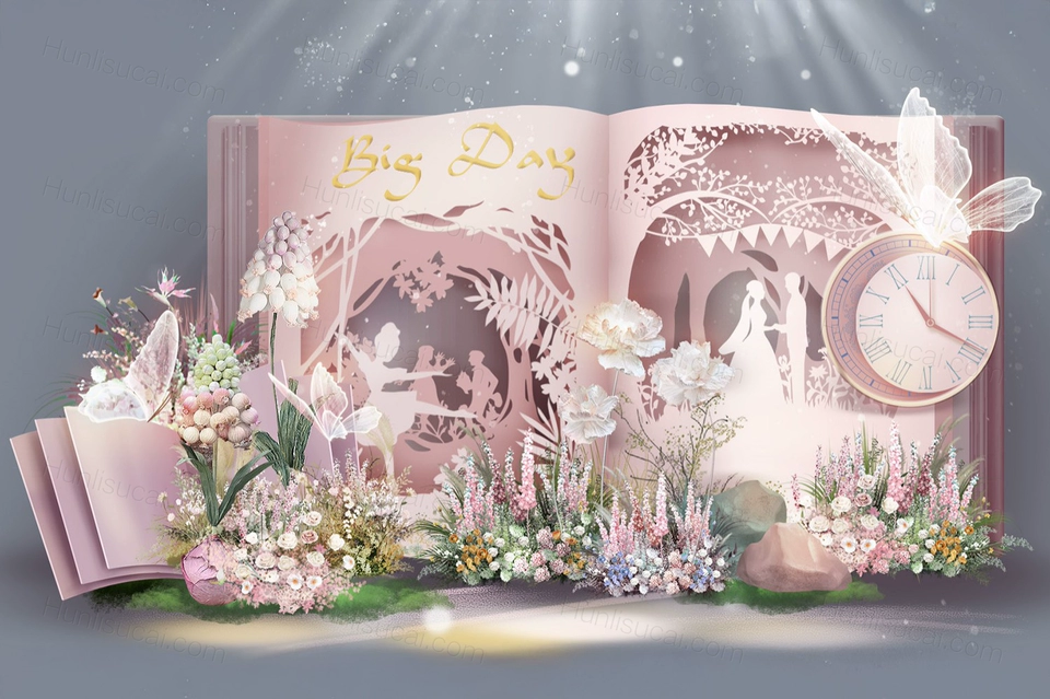梦幻粉色系主题城堡风婚礼效果图舞台背景PSD设计素材源文件-婚礼素材网