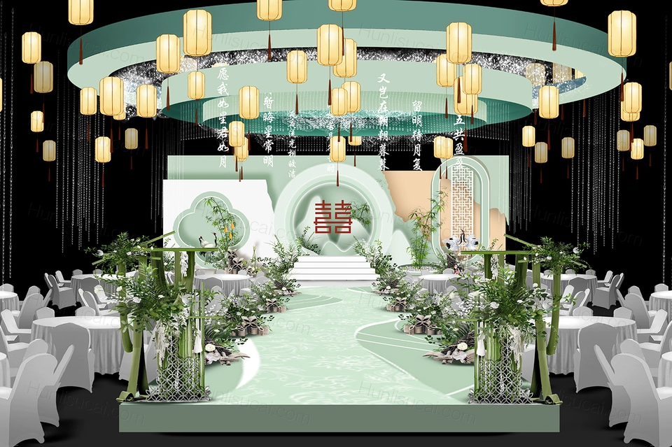 绿色系国潮风格创意新中式婚礼设计舞台效果图灯笼吊顶psd素材-婚礼素材网