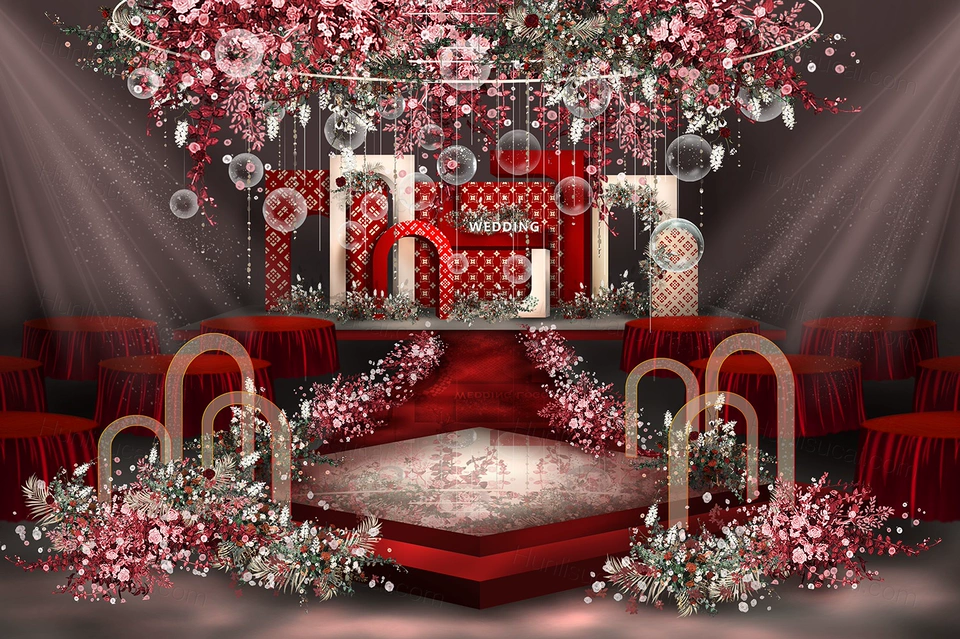 红色泰式民族风格子底纹婚礼设计婚庆效果图舞台展示区背景素材-婚礼素材网