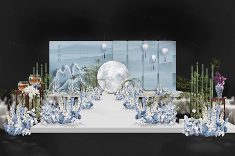 雾霾蓝古典中式中国风水墨婚礼设计舞台展示区效果图素材psd-婚礼素材网
