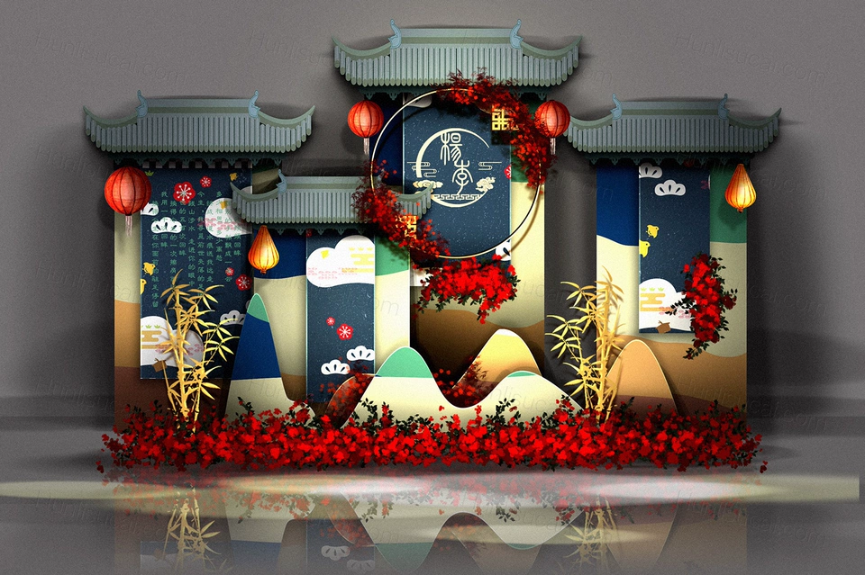 蓝色香槟色新中式和式新潮婚礼设计婚庆效果图舞台展示区背景素材-婚礼素材网
