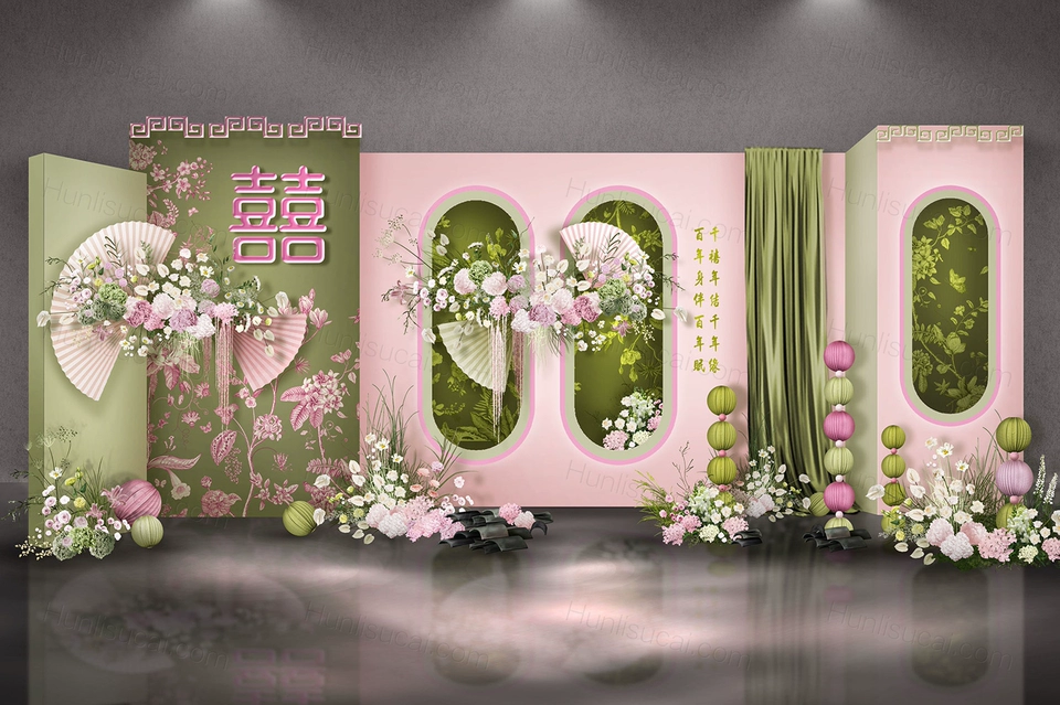 粉色绿色新中式户外草坪婚礼设计效果图素材psd源文件-婚礼素材网