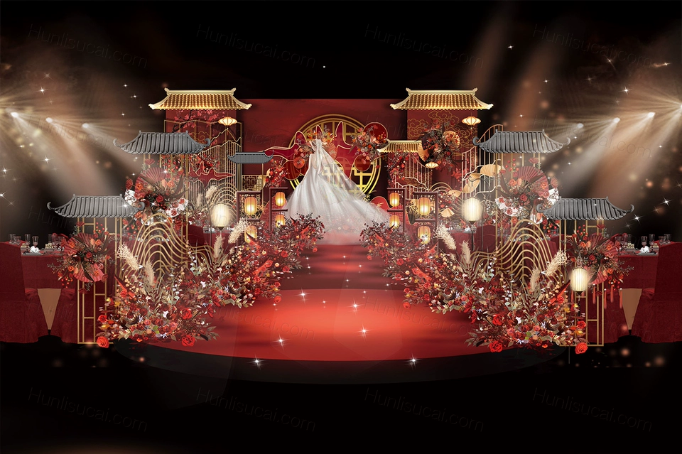 新中式婚礼效果图红色婚庆舞台区布置参考设计PSD分层手绘素材-婚礼素材网