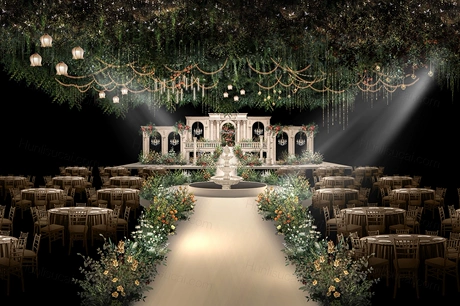 香槟色城堡罗马柱高端欧式婚礼设计效果图舞台展示区背景素材-婚礼素材网