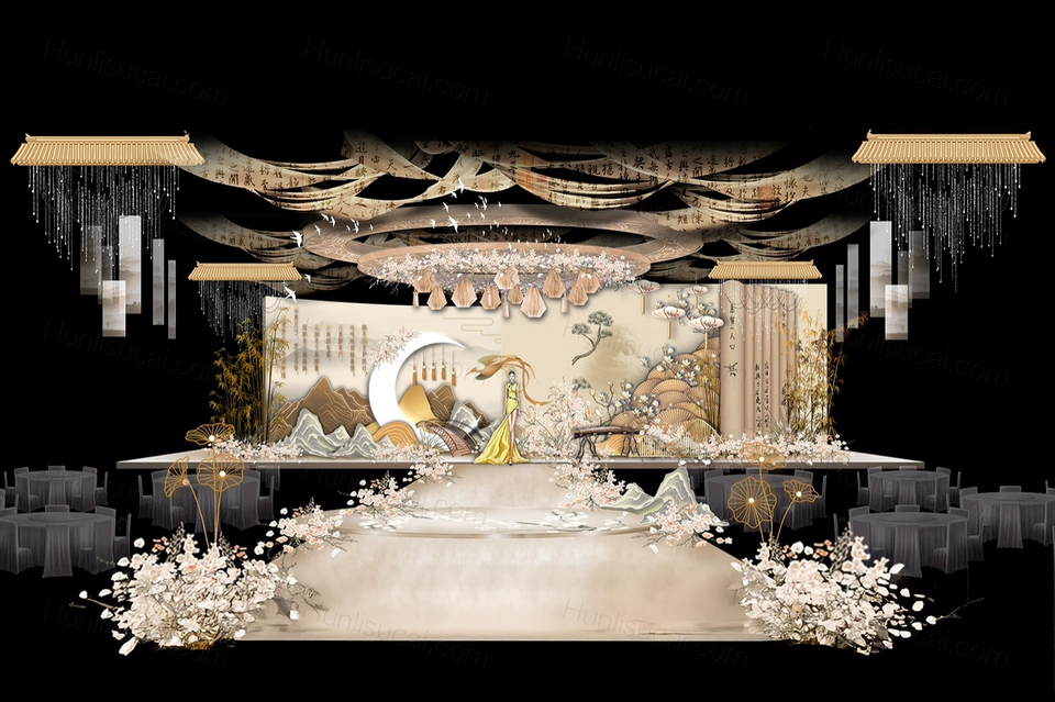香槟色古典新中式国画水墨背景婚礼设计效果图素材psd源文件-婚礼素材网