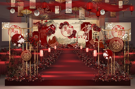 红色香槟色喜庆古典新中式婚礼设计效果图背景方案素材psd-婚礼素材网