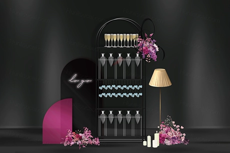 玫红黑色撞色小众婚礼迎宾区合影区香槟酒效果图背景素材PSD设计-婚礼素材网