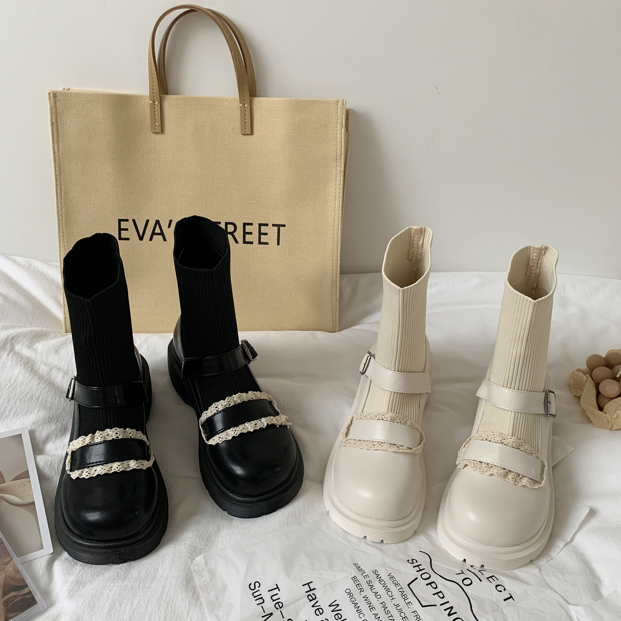 White Thick Bottom Mary Rare Pair Socks Small Leather Shoes Women's Spring Autumn Season 2022 New Slim-Skinny Wind Single Short Boots