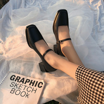 Square head single shoe woman 2021 spring autumn season new light mouth lined with small leather shoes retro 100 lap Mary Jane high heel shoes