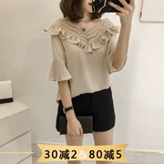 Cộng thêm phân bón XL mùa hè siêu tiên nữ ren ngắn tay áo thun trái tim máy sơ mi béo mm lỏng che bụng áo voan - Áo sơ mi chiffon ren