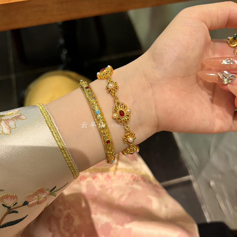 Gold Shop's Same Style Ancient Enamel Filigree Bracelet, New Chinese Palace Style Hollow Bracelet, High-End Wedding Gift
