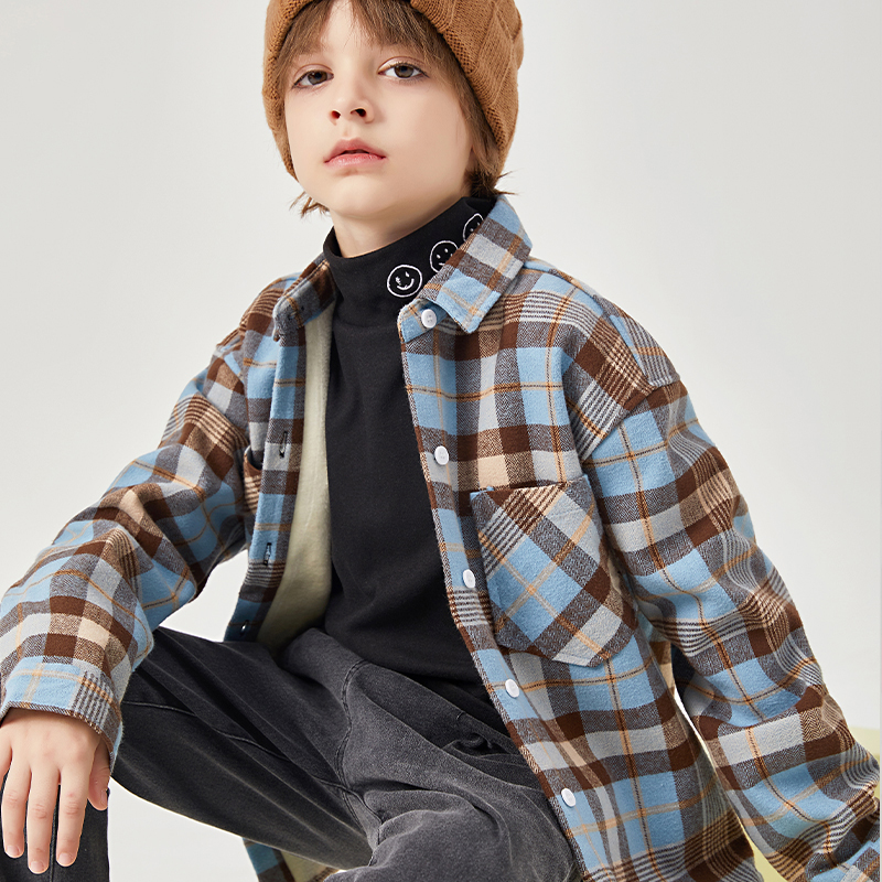 Boys long sleeve shirt 2021 new spring and autumn children's plaid shirt boys autumn clothes in the big boy plus velvet thickened men