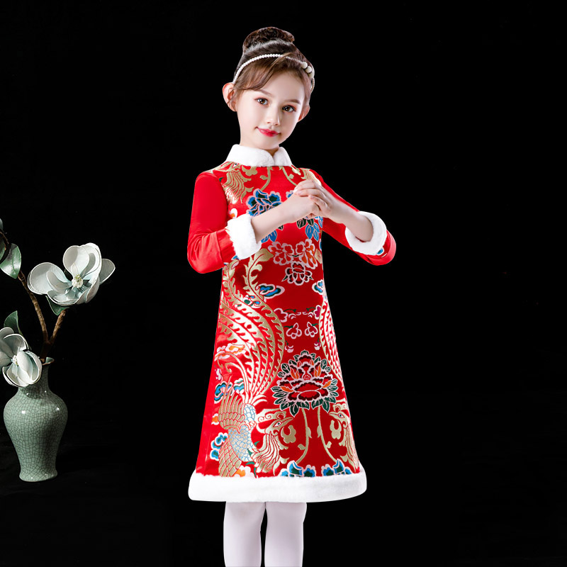 Chinese style girl's New Year's greetings children's cheongsam spring and summer little girl Xiuhe clothing retro Tang suit long-sleeved thickened and cotton