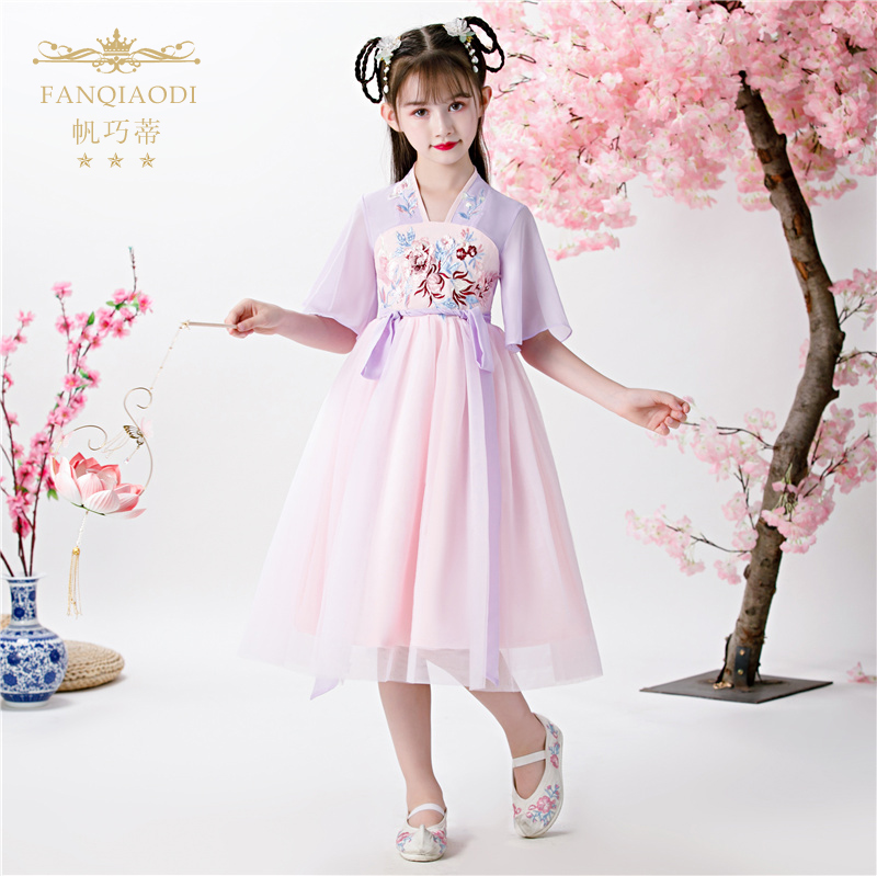 Ancient style girls dress Chinese style superfairy children fairy short sleeve dress big girl spring summer