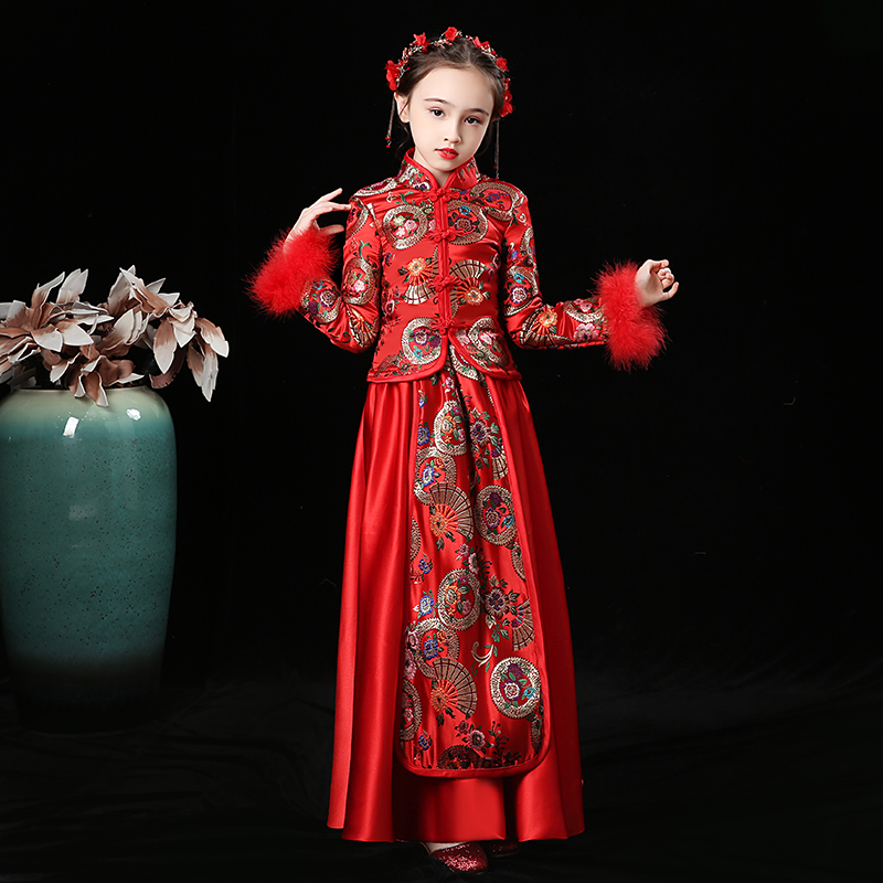 Girls' Hanfu red Xiuhe clothing Chinese style baby New Year's greetings spring long-sleeved children's Tang suit dress thickened