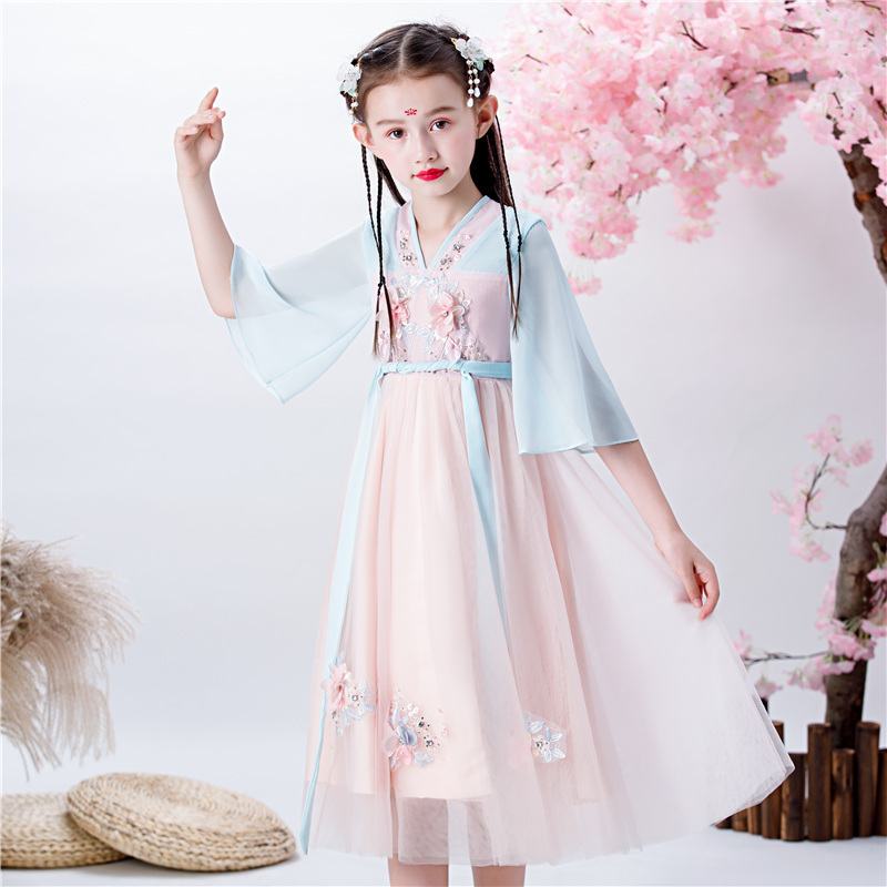 Chinese Style Girls Hanfu Ruskirt Ancient Costume Super Fairy Little Girl Tang Suit Douyin Fairy Short Sleeve 2021 New Spring and Summer