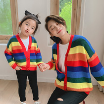 High-end parent-child clothing autumn 2021 New Tide rainbow cardigan sweater foreign Jersey Net red mother women Autumn