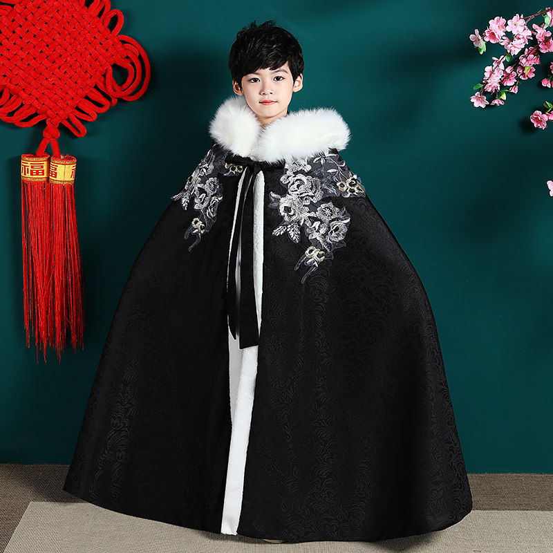 Children Chinese cape baby out warm coat baby shawl boys hanfu plus velvet cloak autumn and winter