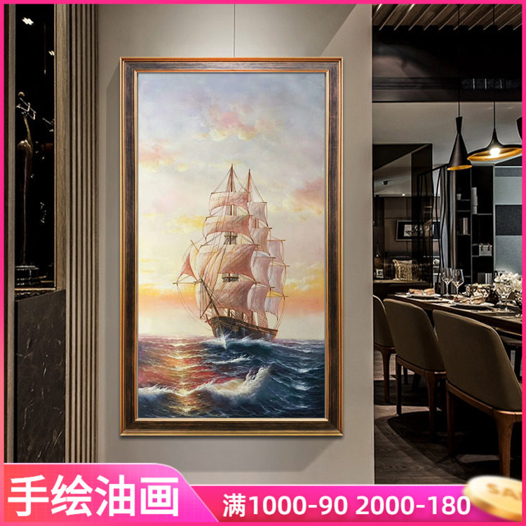 Modern hand painted oil painting Living room Scenery Hang Painting Handmade One Sails Smooth Sea View Sailing Painting Vertical version Xuanguan Decorative Painting