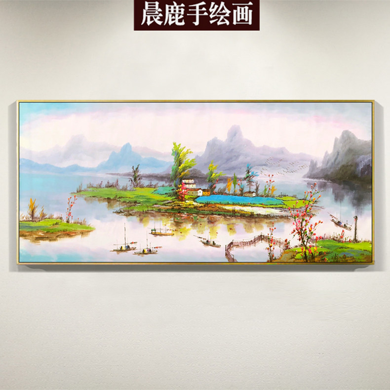 Light Extravagant Hand-painted Oil Painting Modern Living Room Sofa Background Wall Decoration Painting Xuanguan Landscape Landscape Painting Jiangnan Shui and Rural Painting