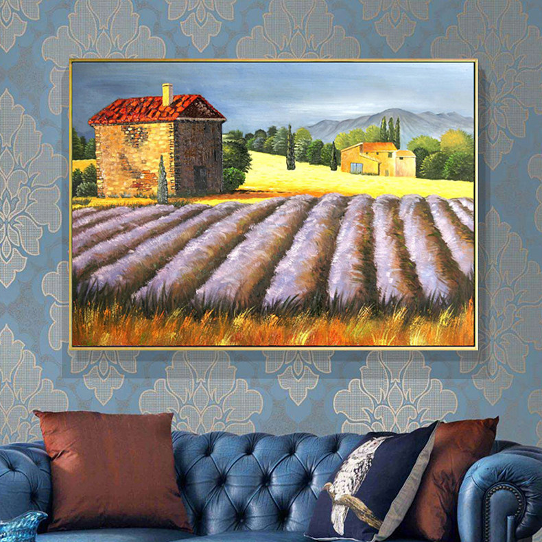 Modern dining room decoration painting hand-painted oil painting living room bedroom hanging painting pure handmade impression thick oil lavender landscape painting