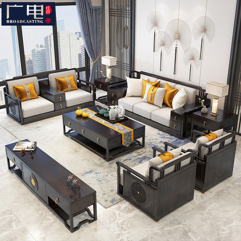 New Chinese style sofa combined modern Chinese all-wood cloth art sofa Drawers Storage Villa Living Room Hotel Furniture-Taobao