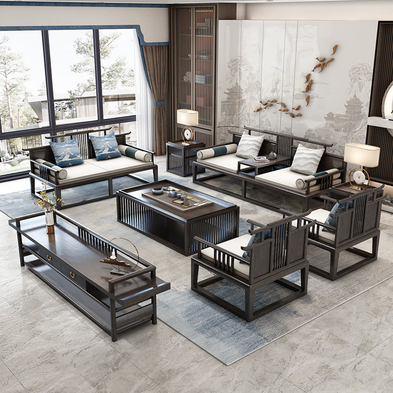 New Chinese style solid wood sofa combination modern minimalist fabric sofa living room Zen Chinese style furniture villa combination