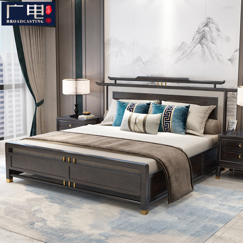 New Chinese full solid wood bed modern Chinese style 1 5 m 1 8 m 2 0 m storage high box bed master bedroom with double bed-Taobao