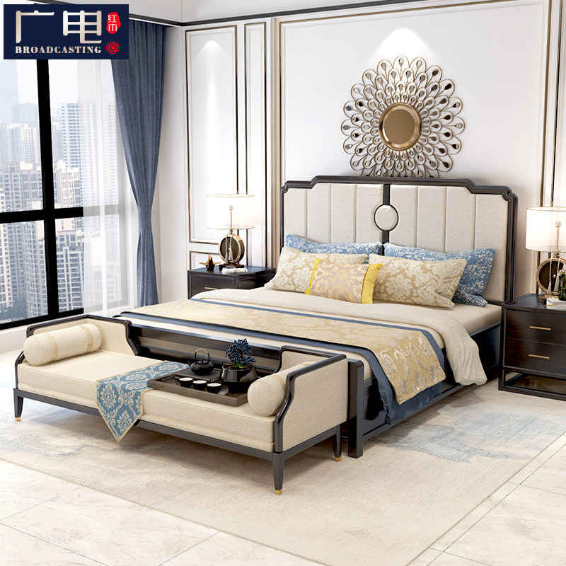 New Chinese style solid wood bed bedroom double bed modern Chinese style light luxury king bed master bedroom 1 8 beds Zen retro furniture