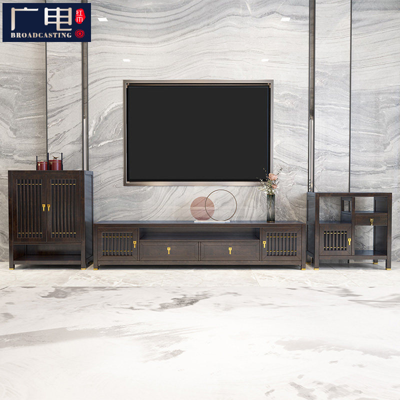 New Chinese full solid wood TV cabinet size family type modern living room minimalist tea table TV cabinet wine cabinet composition furniture-Taobao