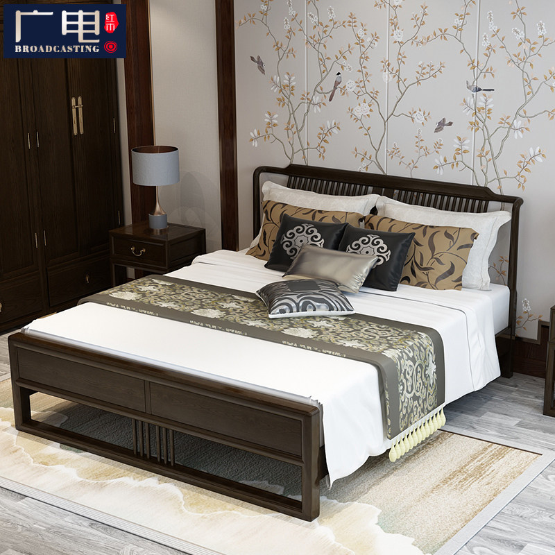 New Chinese solid wood bed 1 8 m white wax wood bed 1 5m Minjuku hotel villa master bedroom with double bed bedroom furniture-Taobao