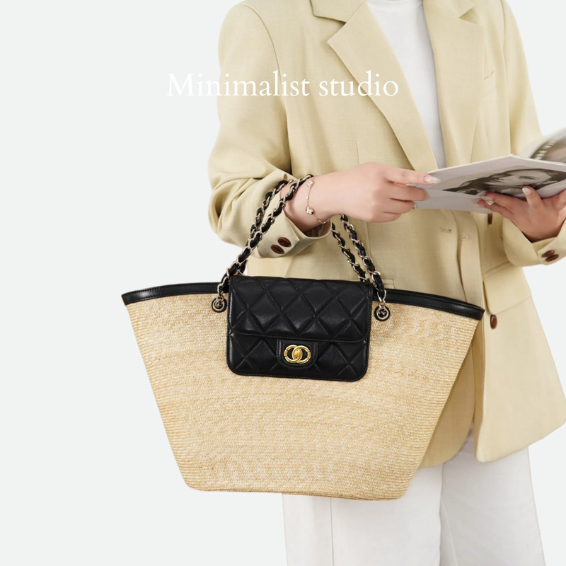 Chanel-Style 26C Basket Bag, Raffia Woven Bag, Summer Beach Tote Bag, Vacation-Style Straw Bag
