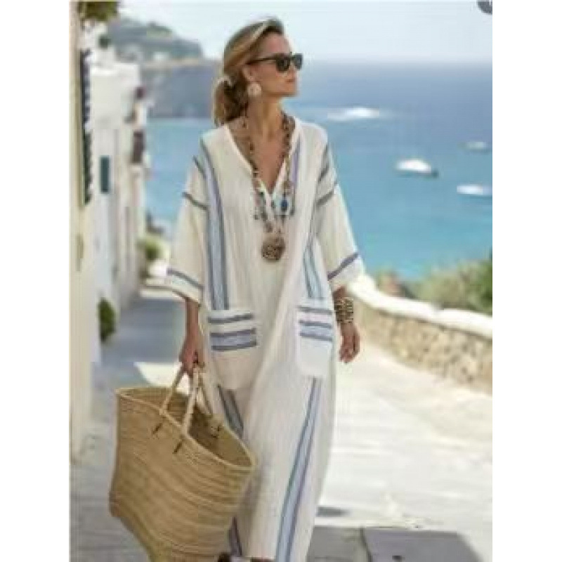 European and American Style Beach Vacation Style Long Striped Embroidered Floral Dress Loose Cover-Up Women's Summer Beach Robe