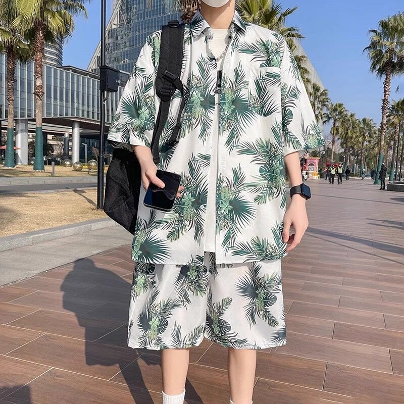 Summer Short-Sleeved Suit Floral Shirt + Shorts Beach Vacation Style Thai Hawaii Couple Outfit Songkran Festival