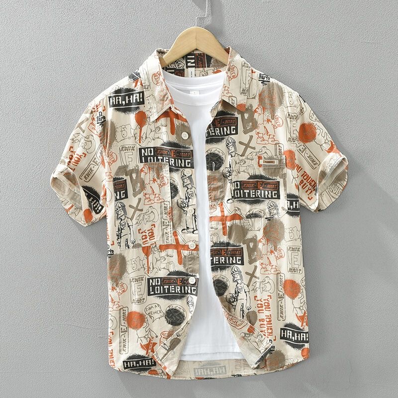 Light Luxury Trendy Brand Printed Short-Sleeved Shirt Jacket for Men, Graffiti Japanese Retro Shirt, Versatile Artistic Loose Top Light Luxury Trendy Brand Printed Short-Sleeved Shirt Jacket for Men, Graffiti Japanese Retro Shirt, Versatile Artistic Loose Top