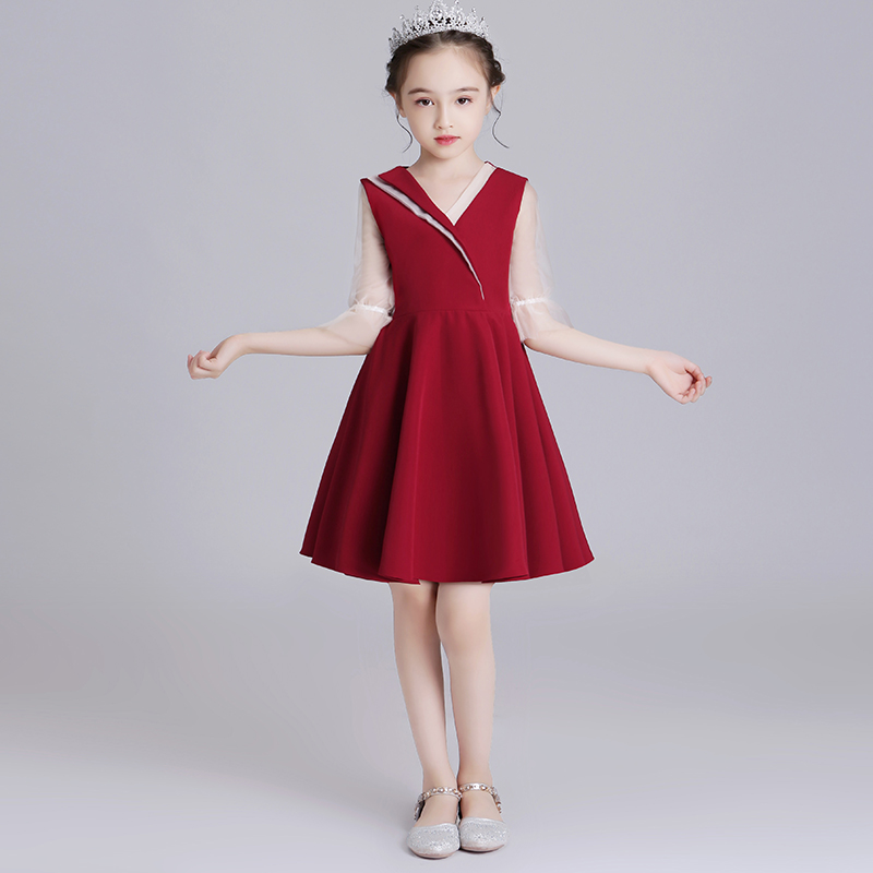 Girl Gown Dress Foreign Pie Red Princess Dress Temperament Children Flowers Children Walk Show Host Piano Show Evening Gown Winter