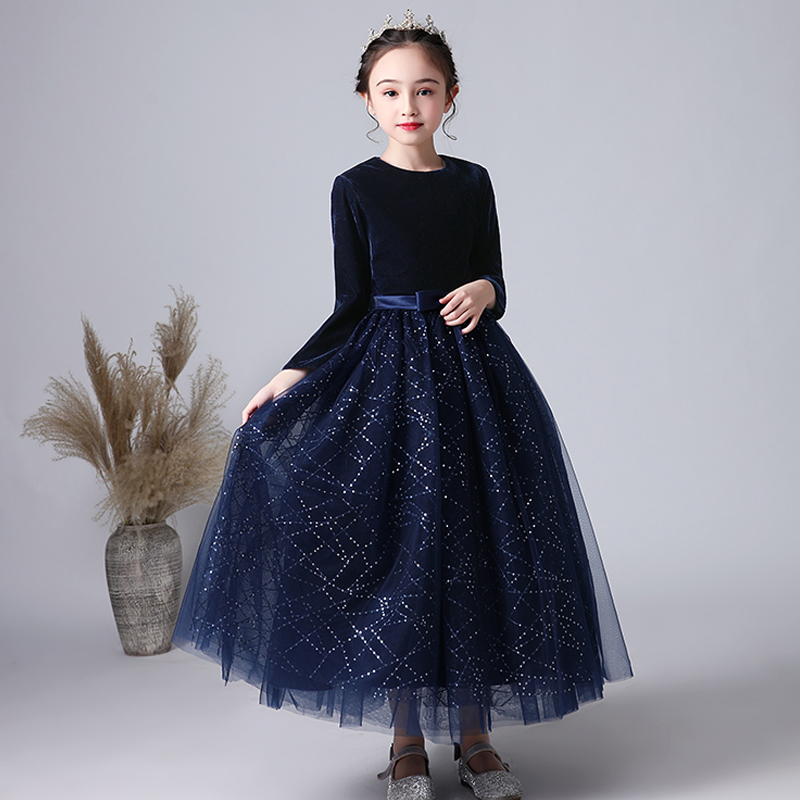 Girls' Dress Big Girl Princess Dress Velvet Evening Dress Children's Host Chorus Piano Performance Dress Fall/Winter