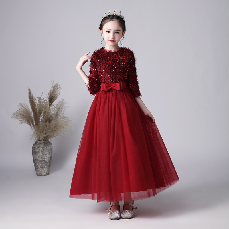 Girl Gown Princess Dress Thickened Girl Piano for children Wedding Dress Walk Show Little Host Gown for Autumn and Winter