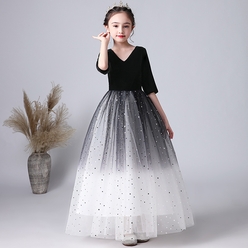 Children's Gown Princess Dress Girl Long Sleeve Night Gown Silk Suede Little Girl Host Piano Plays Out for Women Fall