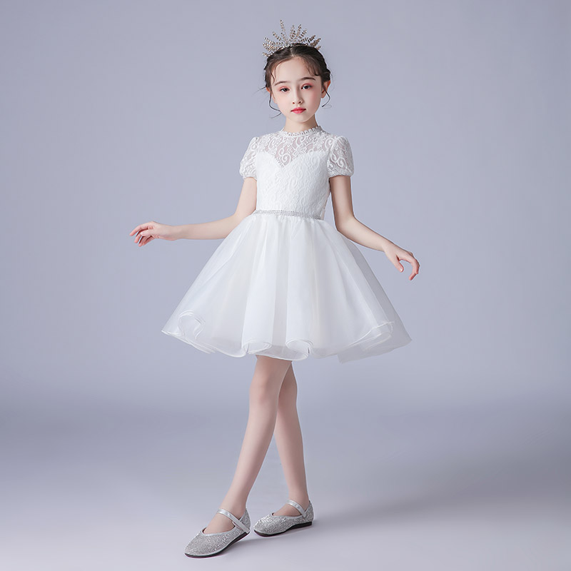 Girl Princess Dresses Dresses Dresses Flowers Children Wedding Dresses High-end Foreign Pie Presiding Over Children's White Fluffy Dress Piano