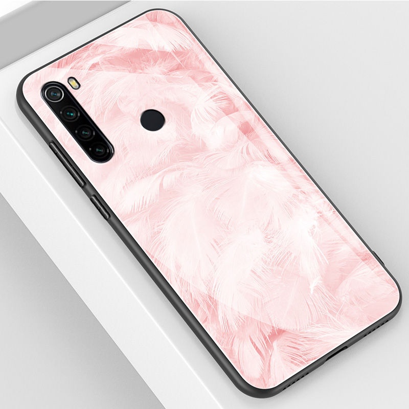 Red Rice Note8 & Pink FeatherRed rice note8 Mobile phone shell Redmi   note8 pro Glass Protective shell redmi   not8por All inclusive Fall prevention ultrathin noto8 Soft and hard silica gel millet Shell men and women originality personality tide