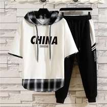Boy 13 summer loaded with hat t-shirt Two sets 2021 new 12-15-year-old CUHK boy 14 junior high school boy handsome suit