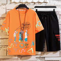 Great Boy Pure Cotton Short Sleeve Suit 13-15 Year Old Teen Fat Boy 14 Summer high school students 16 handsome gas two sets